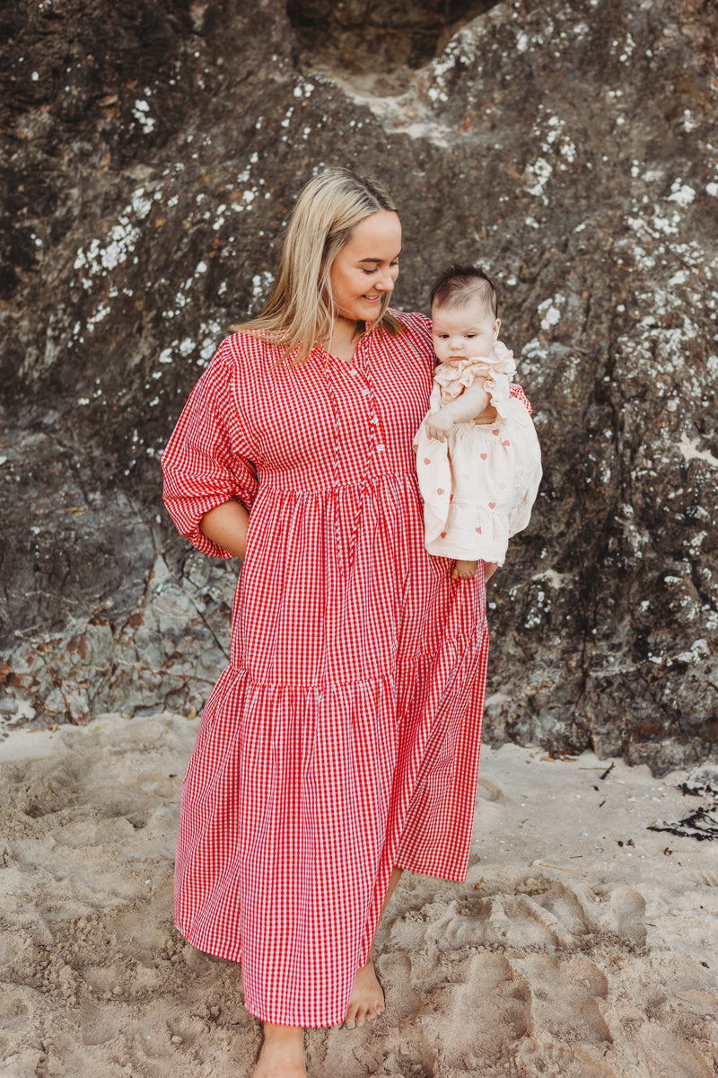 red gingham dress maternity Womens JoJo Maman Bb Bright Red Embroidered Puff Sleeve Shirred Gingham Maternity Midi Dress S (US 4-6)