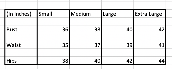 Size guide for maternity dress